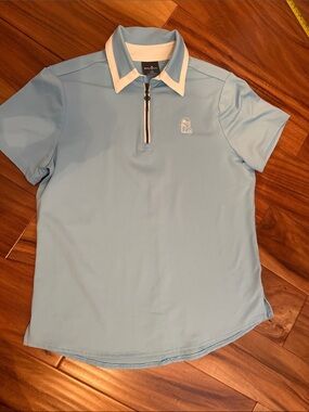 Belyn Key Light Blue Polo with White Trim and Zip Front